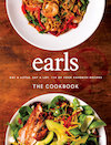 Cover the Earls cookbook, showing a top view of a plate of noodles and a plate of salad on a wooden table.