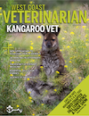 Cover of the summer 2021 issue of West Coast Veterinarian magazine. The cover shows the magazine title and the words 'Kangaroo Vet' below. The cover photograph shows a fluffy brown kangaroo sitting among tall green plants with yellow flowers.